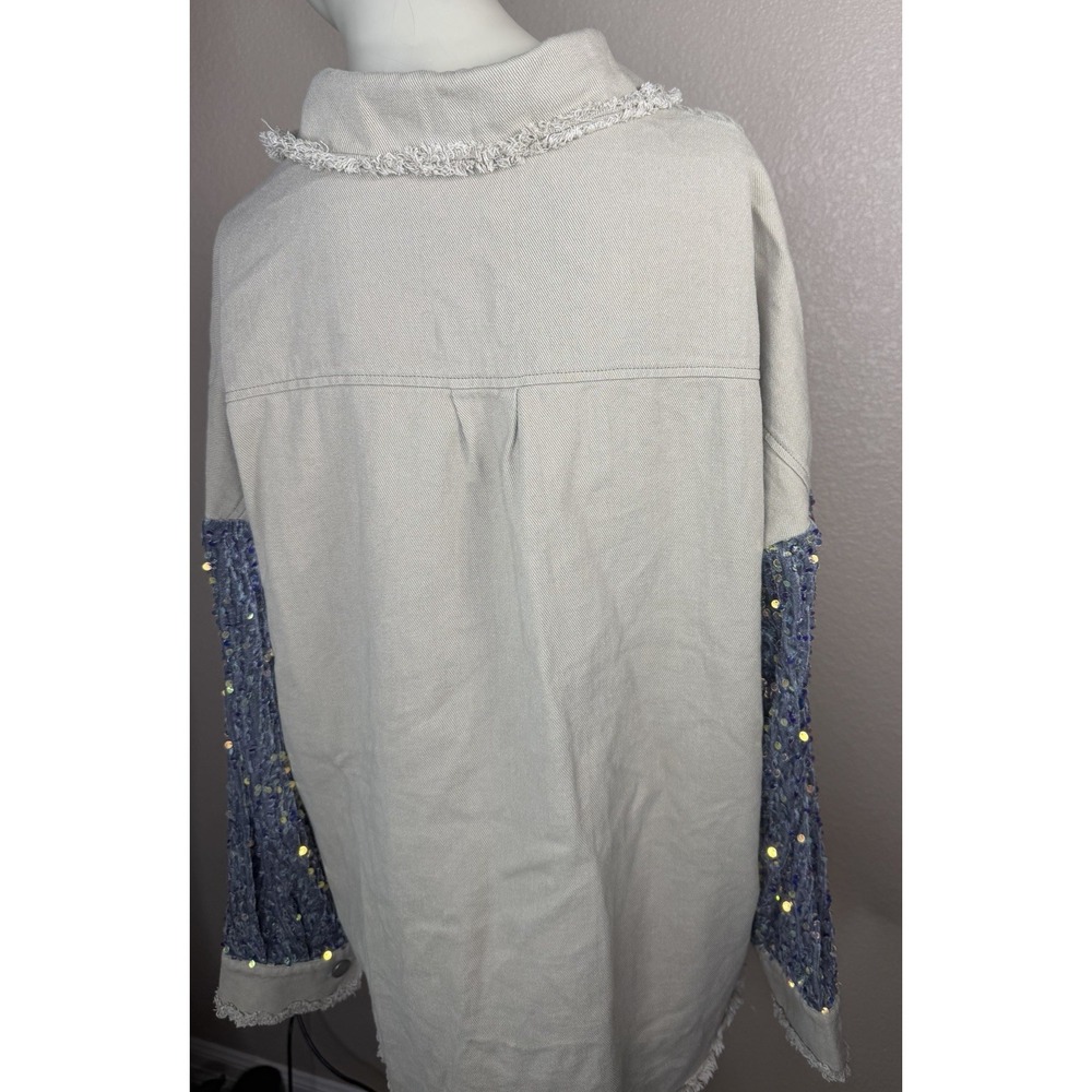 CHICME Sequin Patch Shacket Jacket Large Beige Frayed Edge Oversized Boho - Picture 3 of 6